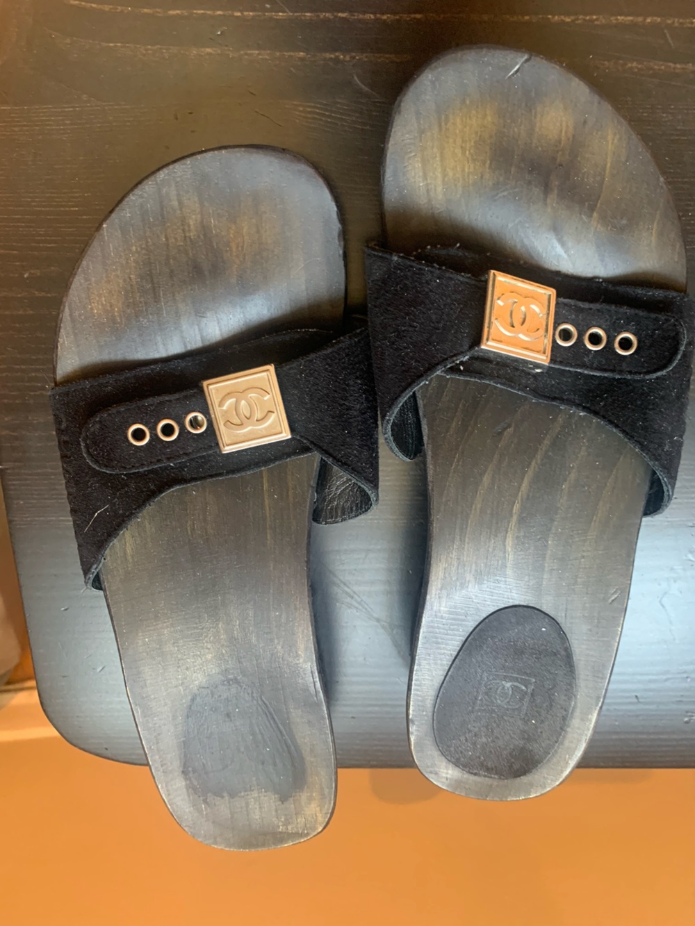 Chanel Black Suede Slide Clog Sandals with silvertone  Logo SZ 7
